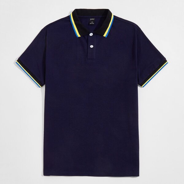 

Men Contrast Striped Trim Polo Shirt, Navy blue