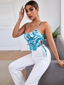 SHEIN Privé Tie Side Cami Top With Pants - Blue and White - View 5