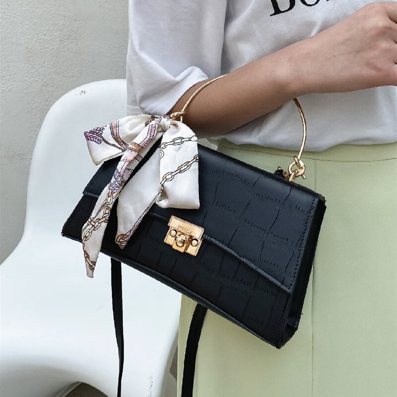 

Croc Embossed Satchel Bag, Black