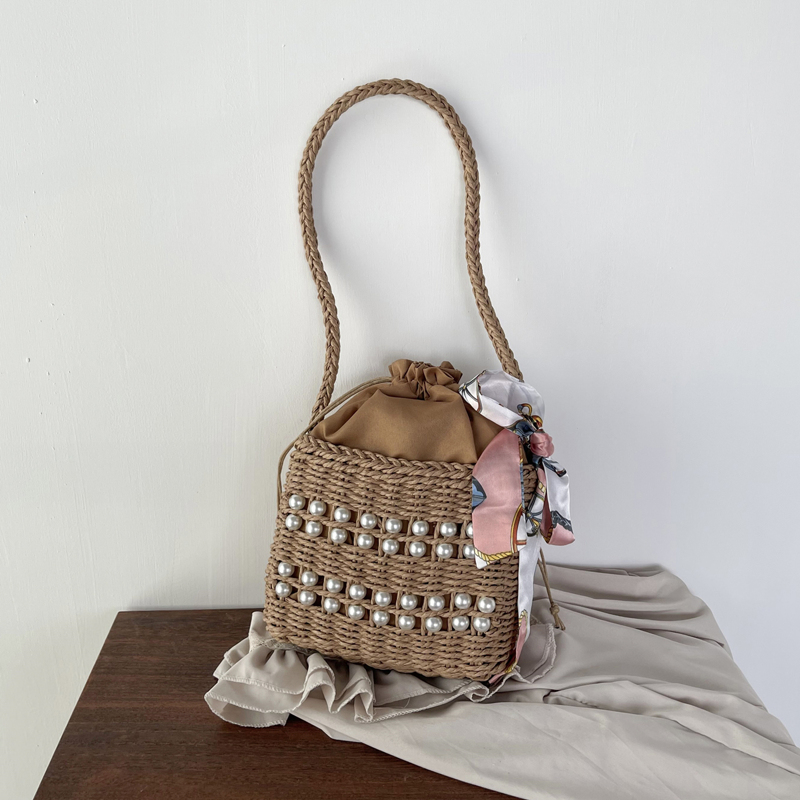 

Faux Pearl Decor Shoulder Bag, Khaki