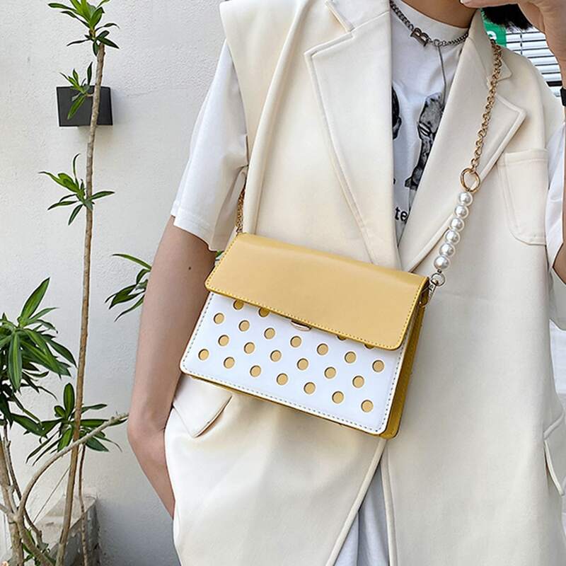 

Faux Pearl Decor Two Tone Chain Bag, Yellow