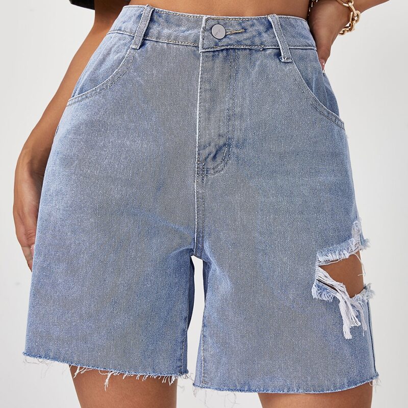 

High Waist Ripped Raw Hem Denim Shorts, Light wash