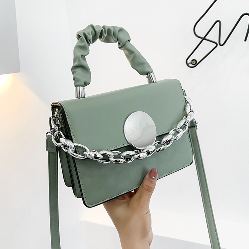 

Ruched Handle Chain Satchel Bag, Green