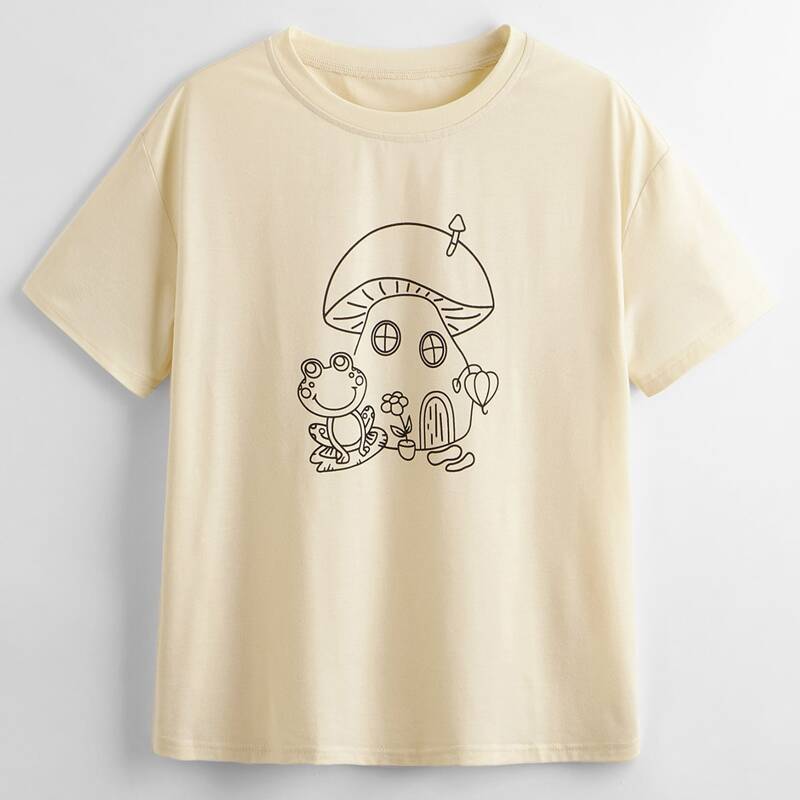 

Cartoon Frog & Mushroom Graphic Tee, Beige