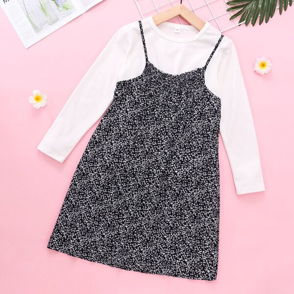 

Girls Solid Tee & Ditsy Floral Cami Dress, Black and white