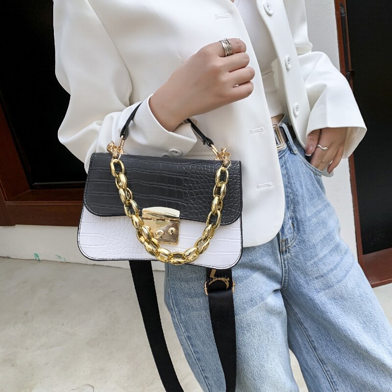 

Croc Embossed Color Block Satchel Bag, Black and white