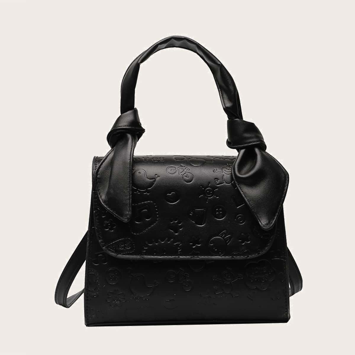 

Cartoon Embossed Flap Satchel Bag, Black