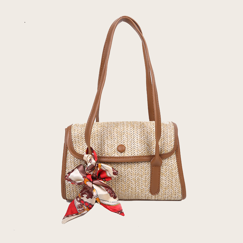 

Twilly Scarf Decor Straw Bag, Brown