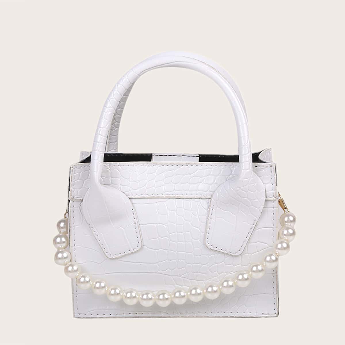 

Faux Pearl Decor Croc Embossed Satchel Bag, White