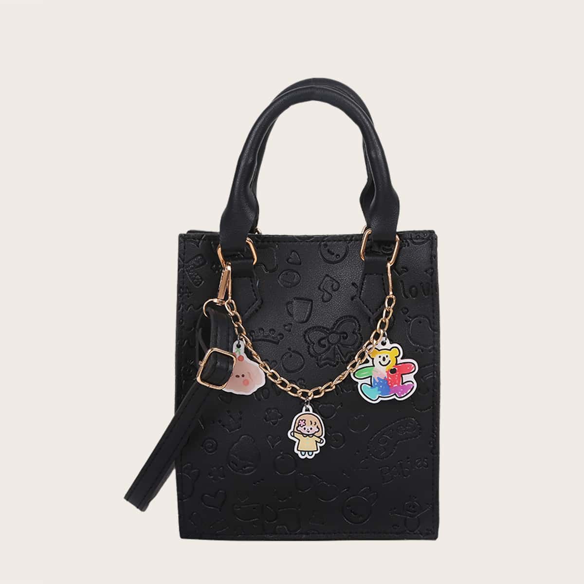 

Cartoon Charm Satchel Bag, Black