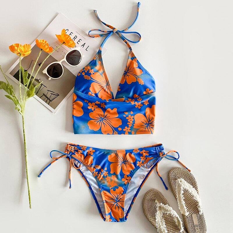 

Floral Print Halter Tie Side Bikini Swimsuit, Multicolor
