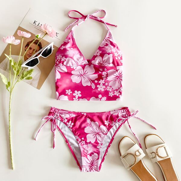 

Floral Print Halter Tie Side Bikini Swimsuit, Multicolor