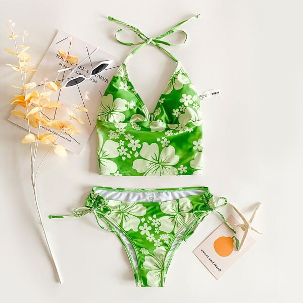 

Floral Print Halter Tie Side Bikini Swimsuit, Green