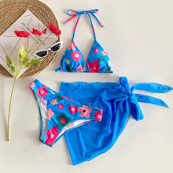 

3pack Floral Print Triangle Bikini Swimsuit & Beach Skirt, Multicolor