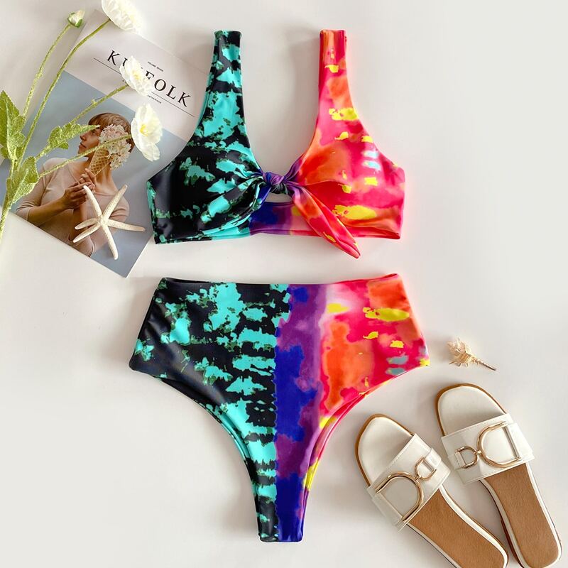 

Tie Dye Knot Front Bikini Swimsuit, Multicolor