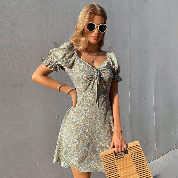 

Ditsy Floral Tie Front Puff Sleeve Dress, Yellow