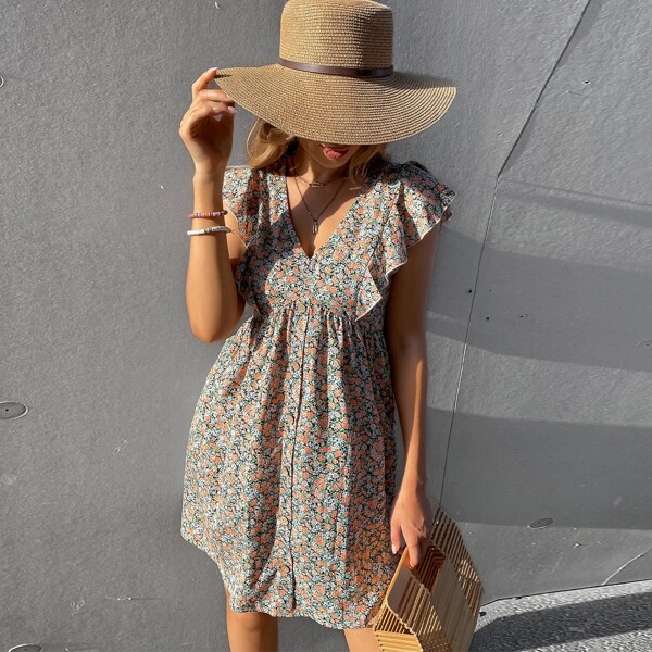 

Floral Print Button Front Ruffle Trim Dress, Multicolor