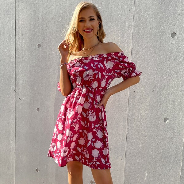 

Floral Print Off Shoulder Puff Sleeve Dress, Multicolor