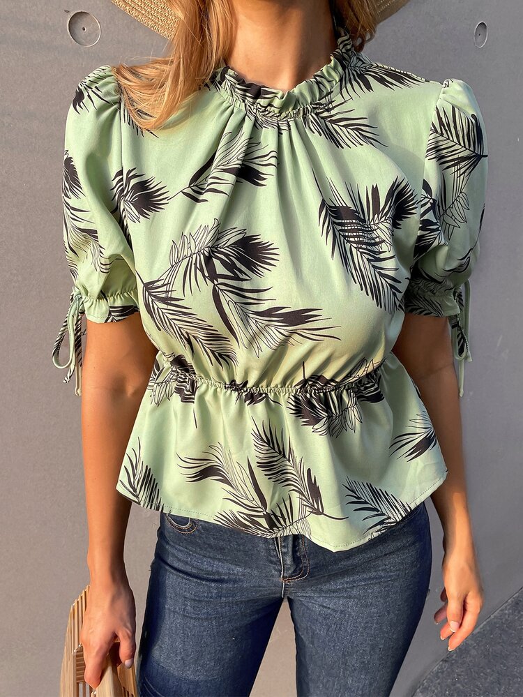Top peplum de cuello alto con estampado tropical - Multicolor - Añade 1