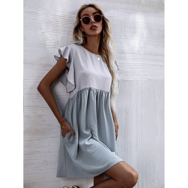 

Ruffle Armhole Colorblock Smock Dress, Blue