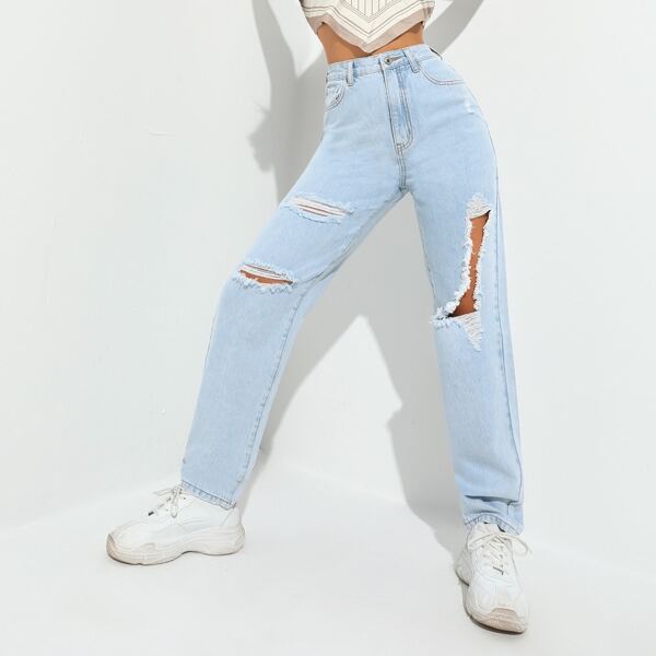 

Zipper Fly Ripped Detail Jeans, Light wash