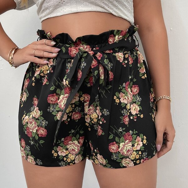 

Plus Paperbag Waist Belted Floral Shorts, Multicolor