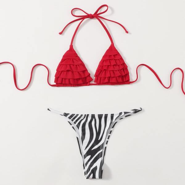 

Zebra Striped Ruffle Halter Bikini Swimsuit, Red