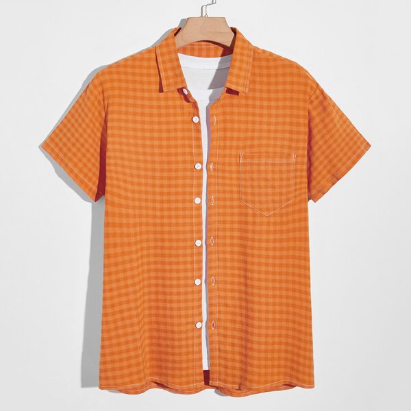 

Men Gingham Pocket Front Shirt Without Tee, Orange
