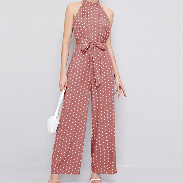 

Pleated Front Self Belted Polka Dot Halter Jumpsuit, Dusty pink