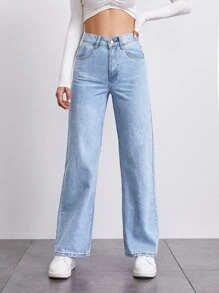 SHEINBlues Stone Wash Middle-Waisted Straight Jeans - Light Wash - View 1