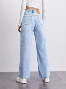 SHEINBlues Stone Wash Middle-Waisted Straight Jeans - Light Wash - View 2
