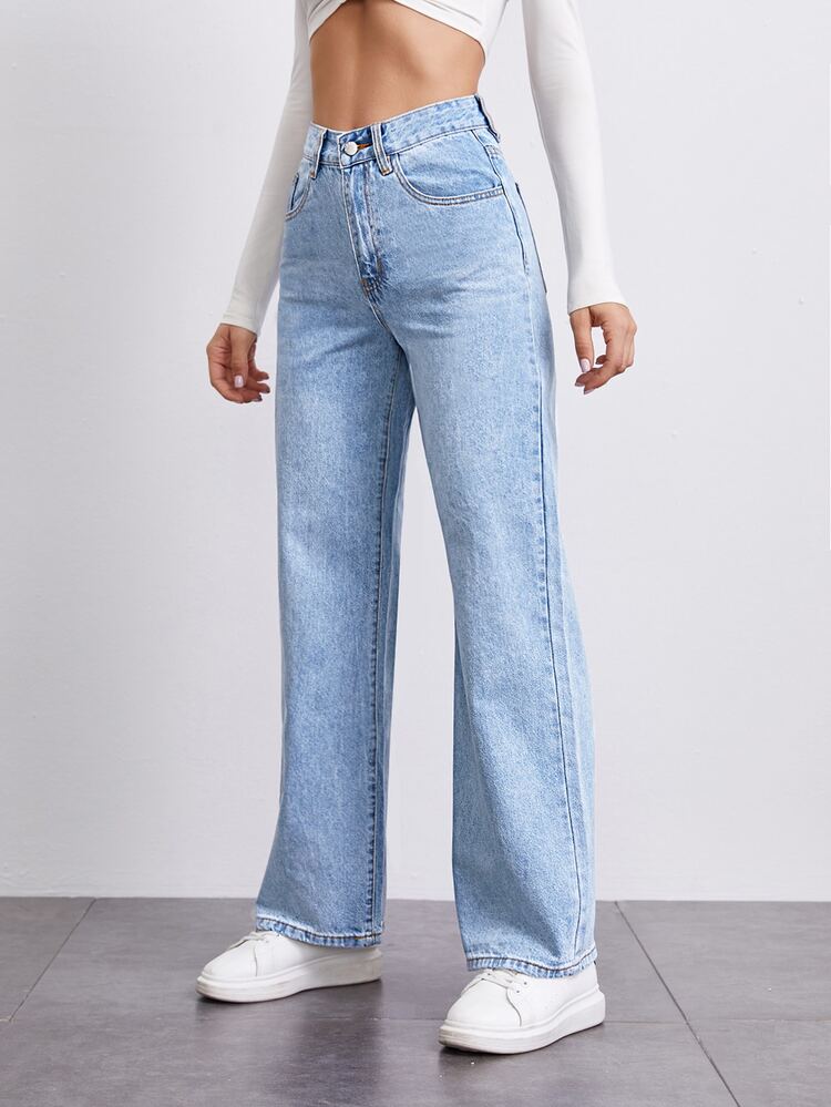 SHEINBlues Stone Wash Middle-Waisted Straight Jeans - Light Wash - View 3