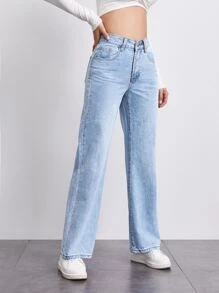 SHEINBlues Stone Wash Middle-Waisted Straight Jeans - Light Wash - View 4