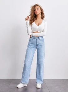 SHEINBlues Stone Wash Middle-Waisted Straight Jeans - Light Wash - View 5
