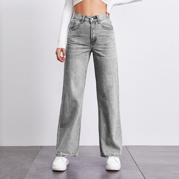 

Stone Wash Middle-Waisted Straight Jeans, Light grey