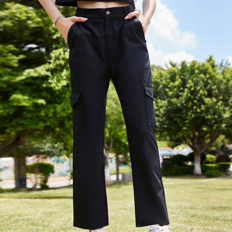 

Solid Straight Leg Cargo Pants, Black