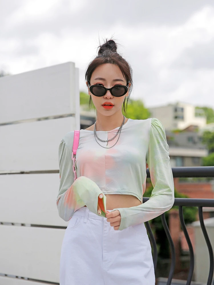 Tie Dye Crop Tee Long Sleeve Women Tops,Fall Women Clothes