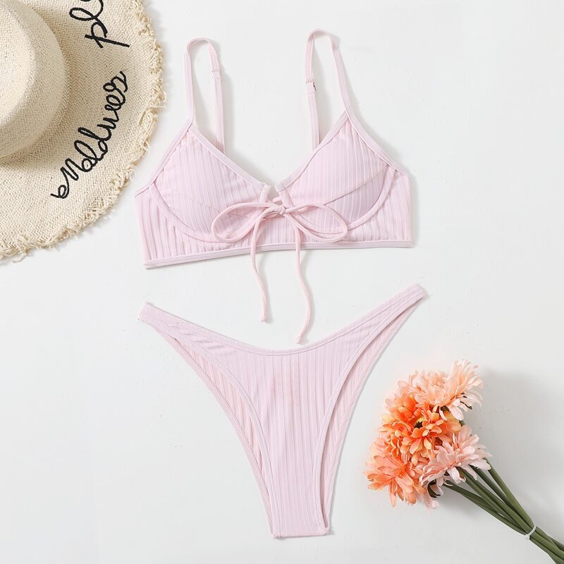 

Solid High Cut Bikini Swimsuit, Baby pink