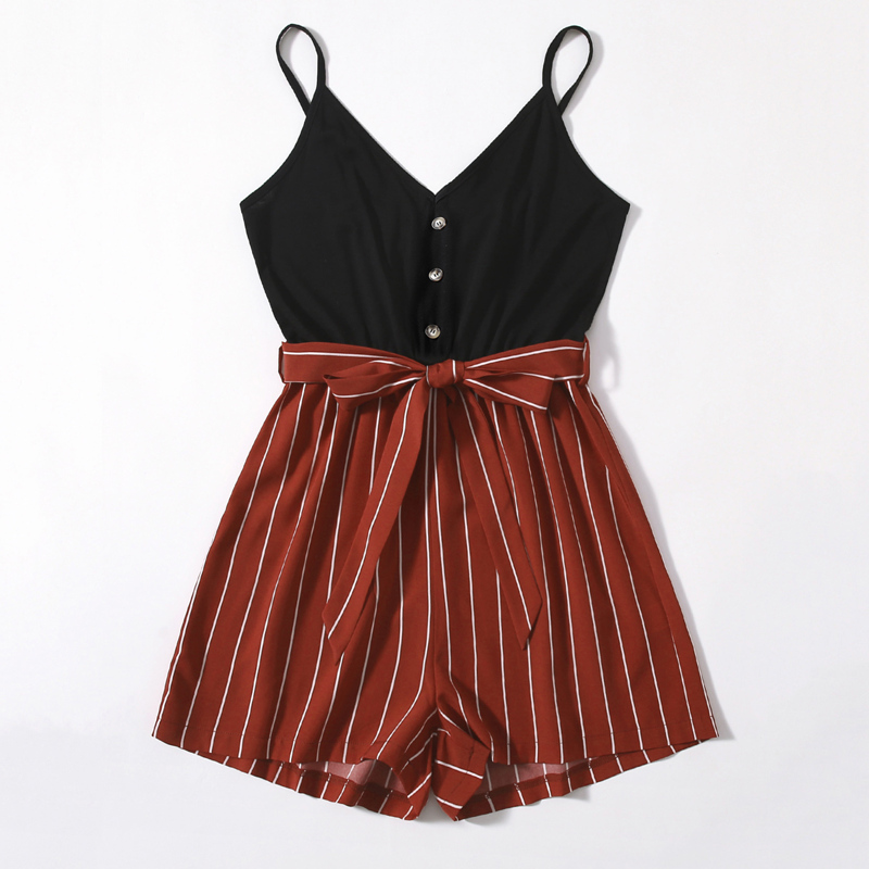 

Striped Button Belted Romper, Multicolor