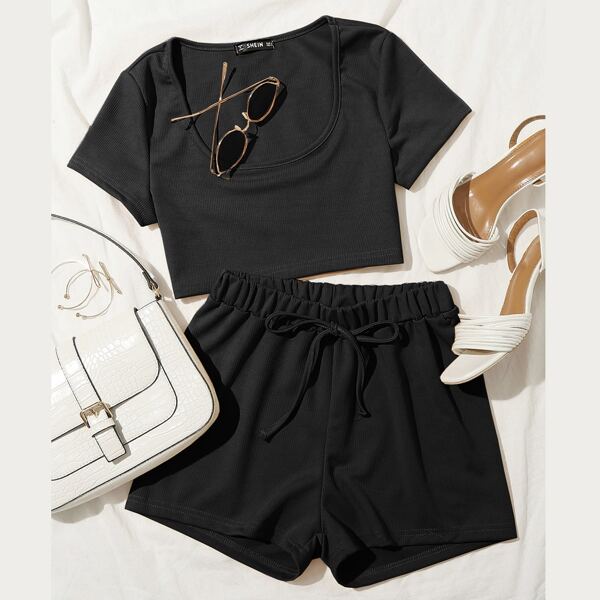 

Plus Solid Tee With Knot Shorts, Black
