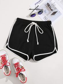 Plus Drawstring Waist Dolphin Shorts - Black - View 1