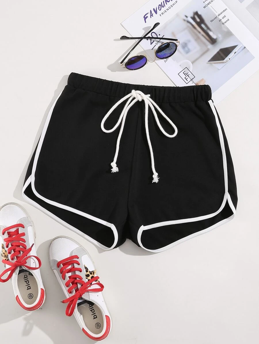 Plus Drawstring Waist Dolphin Shorts - Black - View 1