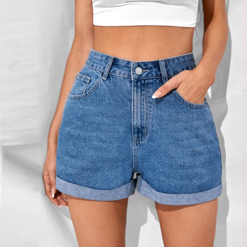 

High Waist Cuffed Denim Shorts, Medium wash