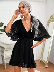 SHEIN 繫帶後開式荷葉邊袖蕾絲拼接洋裝 - 黑色 - 查看 1