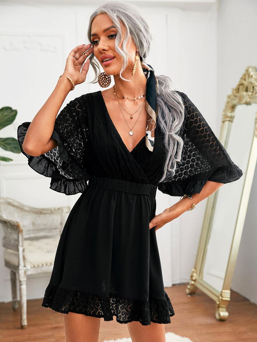 SHEIN 繫帶後開式荷葉邊袖蕾絲拼接洋裝 - 黑色 - 查看 1
