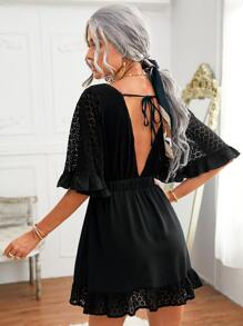 SHEIN 繫帶後開式荷葉邊袖蕾絲拼接洋裝 - 黑色 - 查看 2