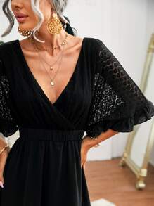 SHEIN 繫帶後開式荷葉邊袖蕾絲拼接洋裝 - 黑色 - 查看 3