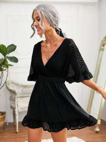 SHEIN 繫帶後開式荷葉邊袖蕾絲拼接洋裝 - 黑色 - 查看 4