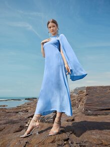 Al Najma Solid Cape Detail Dress Kaftan Jalabiya Dress - Baby Blue - View 1