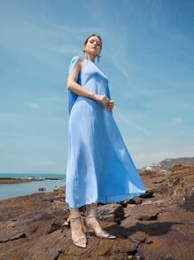 Al Najma Solid Cape Detail Dress Kaftan Jalabiya Dress - Baby Blue - View 4